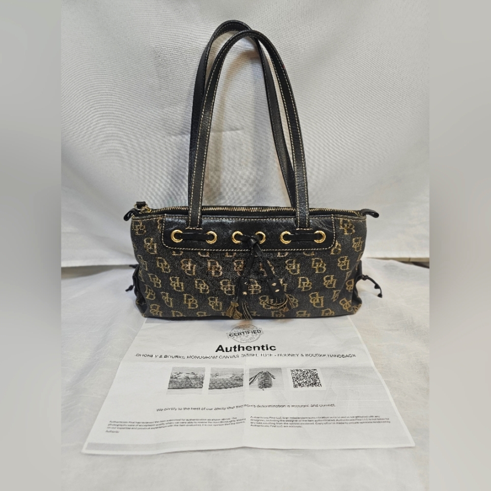 Dooney & Bourke Monogram Canvas Tassel Tote – Black & Gold Y2K Classic